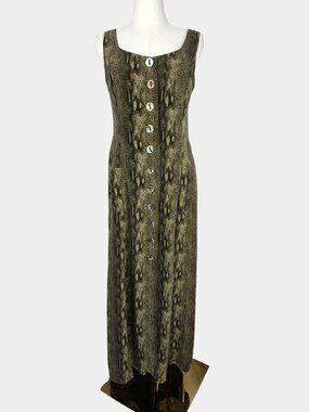 VTG 90s Dana Buchman Silk Maxi Dress Sz 8 Snakeskin Print Button Down Green